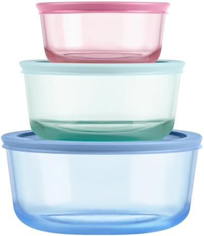 Pyrex Colors (3-Pack, Medium) Tinted Glass Round Food Storage Container Set by Pyrex