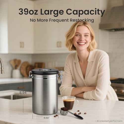 Veken Coffee Canister,39OZ, 2.2lbs,Large Airtight Stainless Steel Container Kitchen Food Storage Jars for Beans,Ground, Espresso, Rice,Tea, Sugar, Cereal, Gifts, Date Tracker, Scoop, Silver(Pack of 2) - Image 2