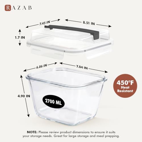 Razab 2700ml / 91oz / 11.5 Cups Large Glass Food Storage Container with Lid - Leakproof Glass Meal Prep Container for Roasting & Storing Leftovers, Glass Lunch Container, Microwave & Oven Safe - Image 2
