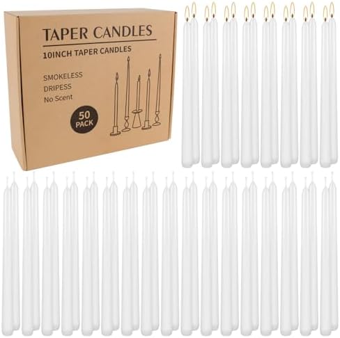 WPONSZU 50 Pack White Taper Candles, 7-8 Hours Burn Time, Unscented, Smokeless and Dripless, 4/5 x 10 Inch for Christmas,Household,Dinner,Wedding,Valentine's Day,Party and Home Décor Candlesticks by WPONSZU