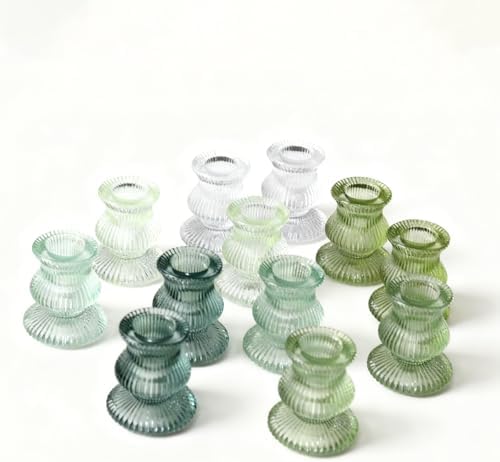 Green Glass Candle Holders 12 Pcs, Ribbed Taper Candle Holders Bulk, Vintage Candlestick Holders for Sage Green Wedding Centerpieces, Christmas Table Decor, Party & Easter Home Decor by WDHODEC