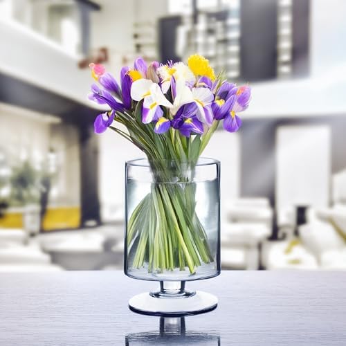 WGVI Clear Glass Pedestal Hurricane Candle Holder, 7.75"W, 13.5"H, Decorative Vase for Pillar Candles, Short Stemmed Candleholder Cylinder, Tabletop Centerpieces, Home Décor, Elegant Design, 1 Piece - Image 4