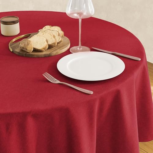 Veblandy Faux Linen Round Tablecloth 60 inch, Table Cloth Wrinkle Free Decorative Fabric Waterproof Table Cover for Dining/Party/Buffet/Wedding, Red by Veblandy