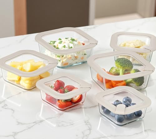 Glass Food Containers with Glass Lid, Microwave Safe Food Storage Container Set, 6 Pack Square Shape, Large Size Airtight Storage Set with Leak Proof Lids, Meal Prep Containers - Image 5