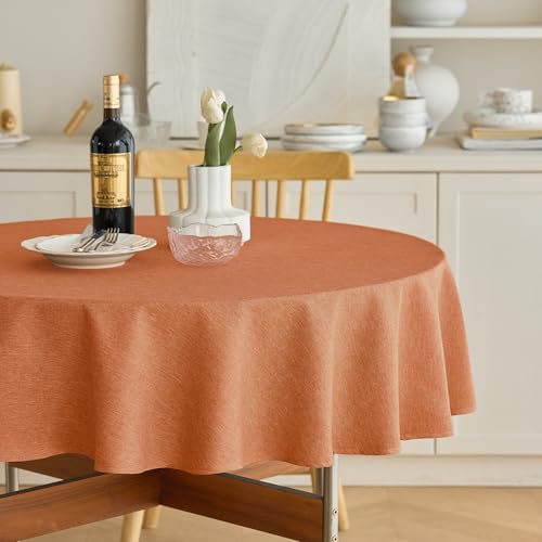 Decorelia Fall Farmhouse Round Table Cloth for Indoor/Outdoor, Harvest Thanksgiving Faux Linen Washable Tablecloth Cover for Party Dining & Kitchen Table Decor (60 Inch,Round (2-4 Seats), Orange) by Decorelia
