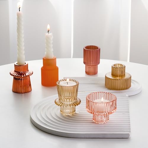 Pink Candlestick Holders 12PCS Ribbed Glass Taper Candle Holders Set for Tealight Candlestick Candles, Table Centerpieces for Weddings Christmas Home Decor Indoor and Outdoor - Image 2