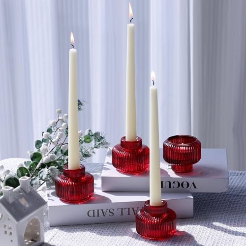 Woho Red Ribbed Taper Candle Holders Set of 4 for Christmas Decorations - Image 6