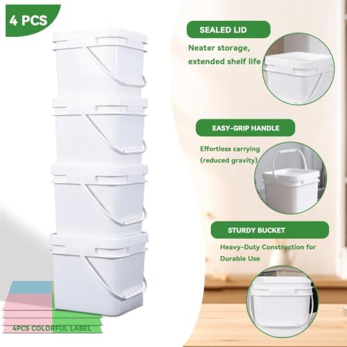 Square Clear Plastic Bucket Set - 4 Packs Airtight Storage Containers with Pressure Lids & Handle, Food Grade for Home & Outdoor (White, 1.3 gal) - Image 6