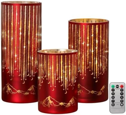 Starry Night Elegant Hurricane Candleholders with LED Flickering Lights & Remote Timer, Decorative Glass Hurricanes for Indoor Table Centerpieces & Year-Round Home Decor, Set of 3 (Red) by Ashroder