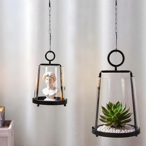 9" & 6" Wide Modern Farmhouse Metal Hurricane Candle Holder with Handmade Sturdy Glass Sleeve in Black for Pillar Candle & Plants, Glass Hurricane Lantern, Industrial, Minimalistic - Image 5