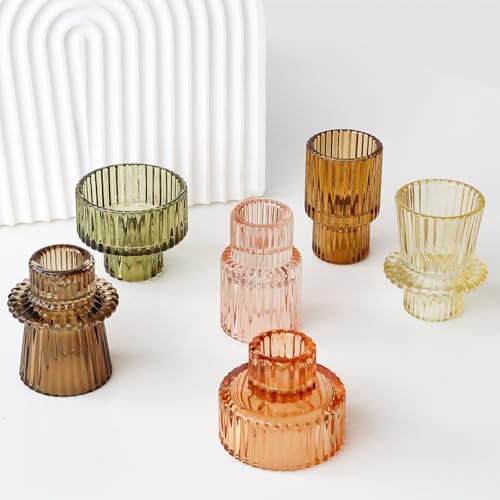 Brown Candlestick Holders 12PCS Ribbed Glass Taper Candle Holders Set for Tealight Candlestick Candles, Table Centerpieces for Thanksgiving Christmas Farmhouse Decor Indoor and Outdoor - Image 3