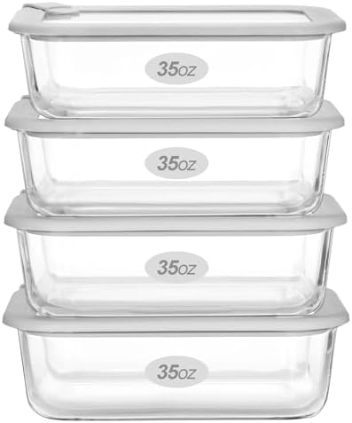 Glass Food Containers with Glass Lid, Microwave Safe Food Storage Container Set, 4 Pack of 35oz, Large Size Airtight Storage Set with Leak Proof Lids, Meal Prep Containers by Eco-Evo