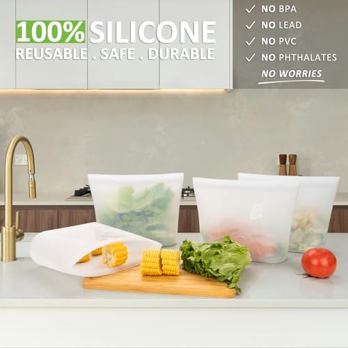 Reusable Food Storage Bags Half-Gallon, 4 Pack 100% Silicone Food Storage Bags Stand-Up Wide-Mouth Zip-Lock for Large Items, 67 fl.oz/2000 ml, Freezer Microwave Oven Dishwasher Safe, Translucent - Image 2