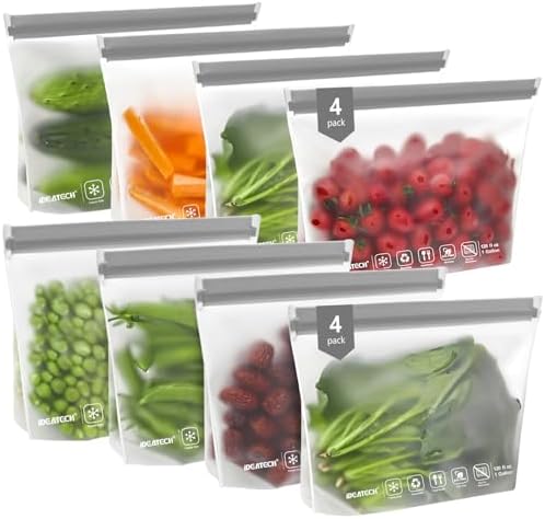 IDEATECH Reusable Freezer Bags Gallon Size, BPA Free Food Containers, Reusable Gallon Bags, Sandwich Bags, Reusable Baggies for Lunch, Travel Healthy Food (Grey, 8Pack-8Gallon) by IDEATECH
