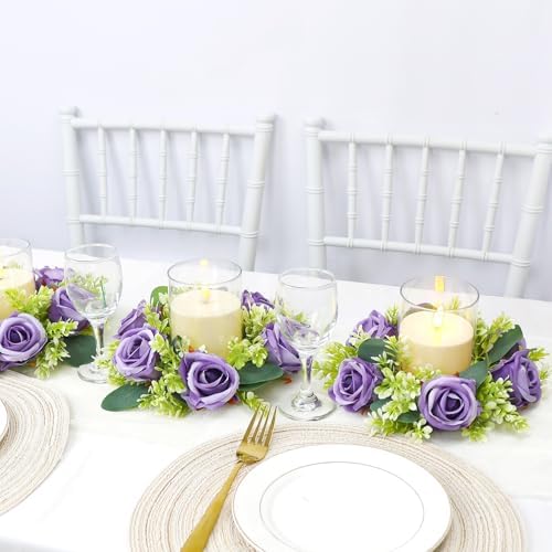 Purple Rose Candle Rings with Flameless Candles Sets - 12PCS Artificial Flower Eucalyptus Wedding Centerpiece 3 Inch Pillar Candleholders Wreaths for Wedding Party Decor (Purple - 6 Sets) - Image 5