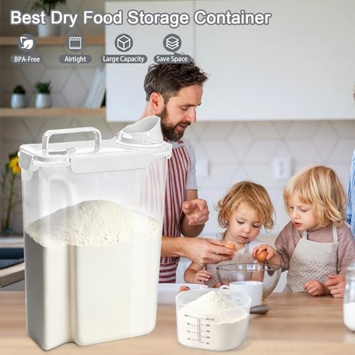 Komzon Rice Storage Containers 20lb, Airtight Cereal Containers Storage, with Pouring Spout Portable Handle for Flour, Pasta, Grain and Baking, Pet Dog Cat Bird Food Container White - Image 4