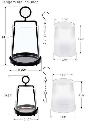 9" & 6" Wide Modern Farmhouse Metal Hurricane Candle Holder with Handmade Sturdy Glass Sleeve in Black for Pillar Candle & Plants, Glass Hurricane Lantern, Industrial, Minimalistic - Image 2