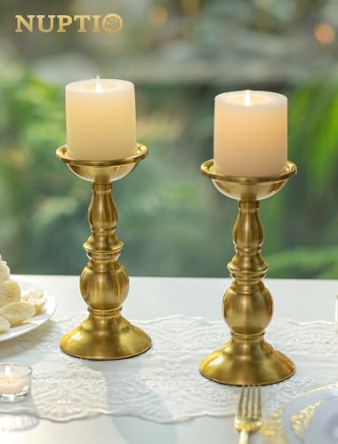 NUPTIO Pillar Candle Holder Brass: Gold Tall Candles Stand for 3" Pillars - Image 2