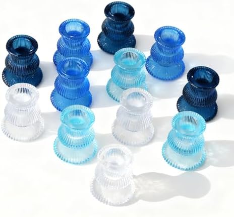 Blue Candlestick Holders 12 Pcs, Ribbed Taper Candle Holders for Table Centerpieces, Vintage Glass Candle Holders Bulk for Wedding, Birthday, Baby Shower Decoration by WDHODEC