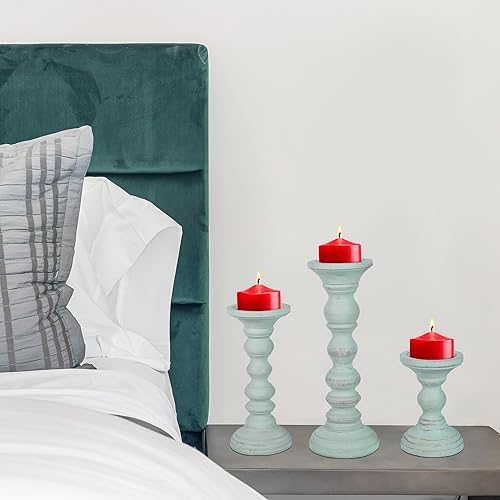 Mela Artisans Willow Mango Wood Candle Holders - Opal Blue, Set of 3 - Image 7