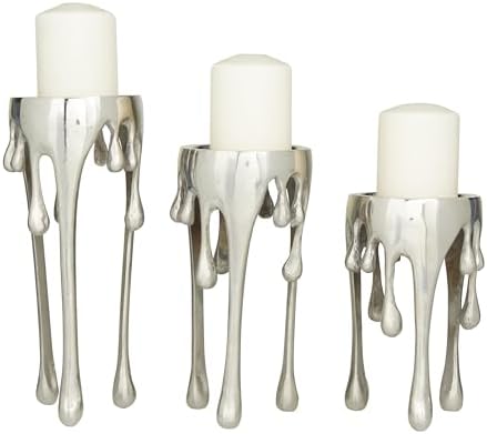 CosmoLiving by Cosmopolitan Aluminum Metal Abstract Decorative Candle Holder Melting Drip Candle Stand, Set of 3 Candlestick Holder 12", 10", 8"H, Silver by Unknown