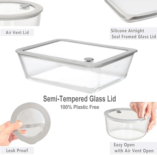 Glass Food Containers with Glass Lid, Microwave Safe Food Storage Container, Large 4 Pack Round Shape, Food Containers with Lids, Meal Prep containers with Leak Proof Lid. - Image 2