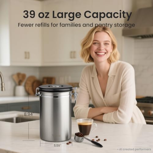 Veken Coffee Canister,39OZ, 2.2lbs,Large Airtight Stainless Steel Container - Image 2