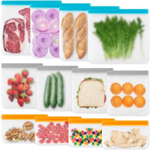 12 Pack Reusable Freezer Bags Dishwasher Safe, Leakproof Food Storage Bags, Silicone Bags for Food Storage Home Organization (4 Reusable Snack Bags 4 Sandwich Bags 4 Gallon Freezer Bags) by Unknown