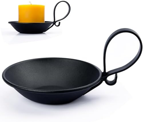Matte Black Iron Pillar Candle Holder, Handle, Flat Base by Aglary
