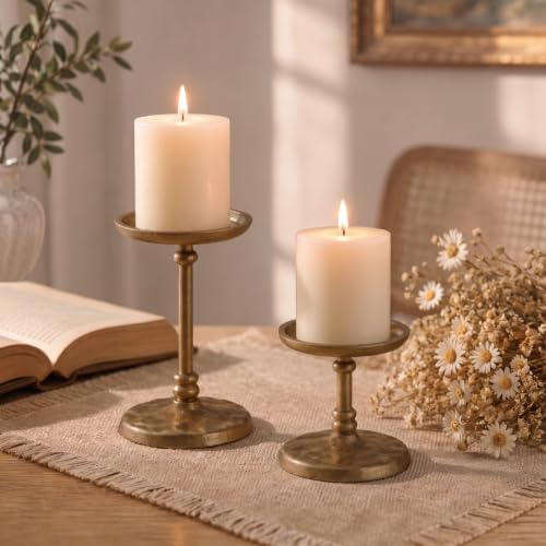 PERFNIQUE Cast Iron Pillar Candle Holders Set of 2 Antique Gold Candle Tray - Image 6