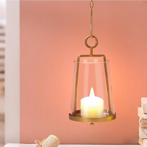4“ Wide Modern Farmhouse Metal Hurricane Candle Holder with Handmade Sturdy Glass Sleeve in Vintage Brass for 2" Pillar Candle & Plants, Glass Hurricane Lantern, Industrial, Minimalistic - Image 4