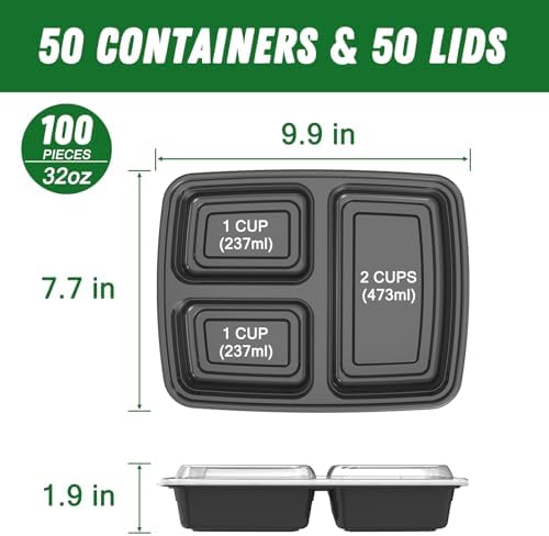 Dealusy 50 Pack 32 oz Meal Prep Containers with Lids 3-Compartment, Black - Image 2