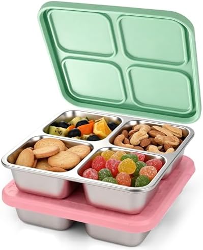 2 Pack Stainless Steel Snack Containers with Silicone Lids, Leakproof Bento Snack Boxes, Reusable 4 Compartment Metal Lunch Containers, Dishwasher Safe Food Storage for Meal Prep, Work & Travel (B) by monoan