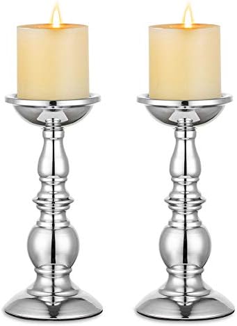 Nuptio Silver Pillar Candle Holders, Wedding Centerpieces Metal Candle Holder for 3 inches Candles Stand Decoration Ideal for Weddings Special Events Parties Living Room, 2 Pcs by Nuptio