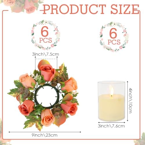 Terracotta Rose Candle Rings with Flameless Candles Sets - 12PCS Artificial Flower Eucalyptus Fall Candle Wreath 3 Inch Fall Candle Rings Wreaths for Autumn Candle Rings (Terracotta - 6 Sets) - Image 3
