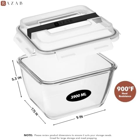 Razab 17 Cups / 132 Oz / 3900ml Large Glass Food Storage Containers with Lids - Leakproof, BPA-Free Large Meal Prep Container Ideal for Roasting Turkey, Store Leftover - Microwave & Oven Safe - Image 3