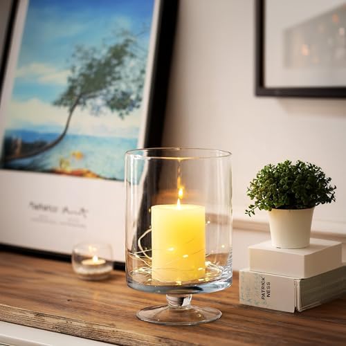 WGVI Clear Glass Pedestal Hurricane Candle Holder, 5.9" W, 9.9" H, Decorative Vase for Pillar Candles, Short Stemmed Candleholder Cylinder, Tabletop Centerpieces, Home Décor, Elegant Design, 6 Pieces - Image 3