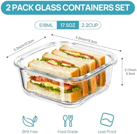 Vtopmart 2Pack 17.5oz Glass Meal Prep Food Container Sets with Lids - Image 2