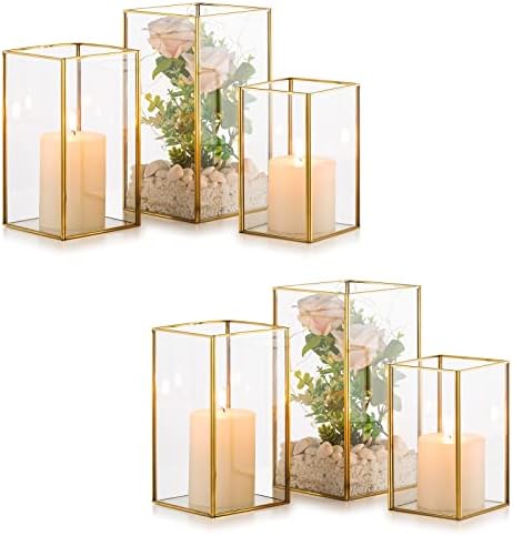 Nuptio Glass Hurricane Candle Holder Set of 6 Gold Pillar Candle Holders Large Rectangular Candleholder Table Centerpieces Decoration for Wedding Party Thanksgiving Ornaments 9.5 & 8.1 & 6.5 inch by Nuptio