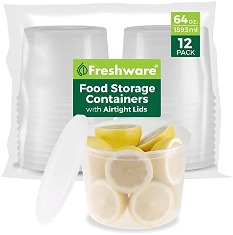 Freshware [12 Pack, 64 oz] 1/2 Gallon Plastic Deli Food Storage Soup Containers With Airtight Lids, Slime Containers, Freezer Safe | Meal Prep | Stackable | Leakproof | BPA Free, Clear by Freshware