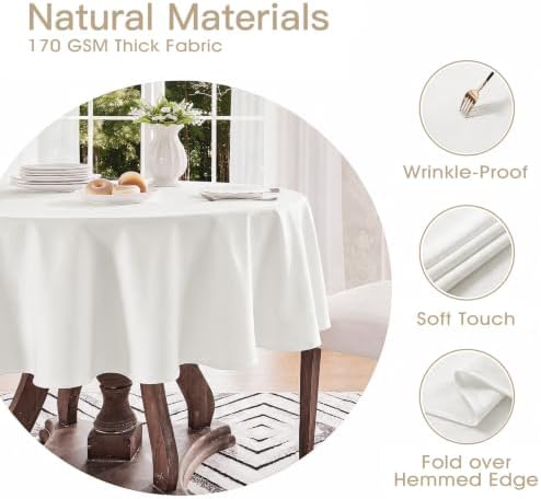 Veblandy Faux Linen Round Tablecloth 60 inch, Table Cloth Wrinkle Free Decorative Fabric Waterproof Table Cover for Dining/Party/Buffet/Wedding, White - Image 3