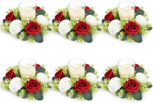 Crimson Rose Candle Rings with Flameless Candles Sets - 12PCS Artificial Flower Eucalyptus Wedding Centerpiece 3 Inch Pillar Candleholders Wreaths for Wedding Party Decor (Crimson - 6 Sets) - Image 7