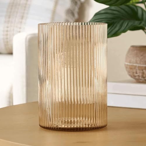 LUGBAR BH&G Decorative Ribbed Glass Hurricane Candleholder, Amber, 8" Medium - Image 2