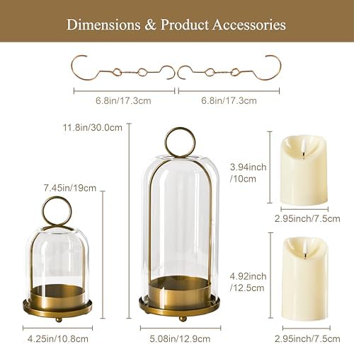 5"&4" Metal Candle Holder with Handmade Glass Dome in Brass & 2 Timer Candles, Set of 2 Versatile Hurricane Glass Candle Holders for Pillar Candles & Plants - Image 2