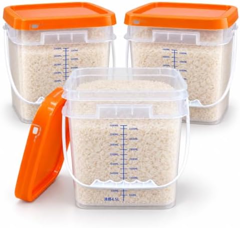 3 Pack 1 Gallon Clear Food Grade Plastic Buckets with Lids, Square Food Storage Plastic Containers with Handles, Graduated Markings, Labels for Meal Prep, Pantry, Dry Goods, Cereal, Sugar, Snacks by METAPACK