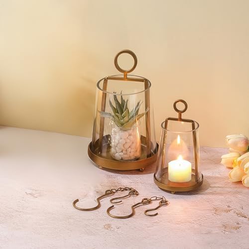 6" & 4" Wide Modern Farmhouse Metal Hurricane Candle Holder with Handmade Sturdy Glass Sleeve in Antique Brass for Pillar Candle & Plants, Glass Hurricane Lantern, Industrial, Minimalistic - Image 5