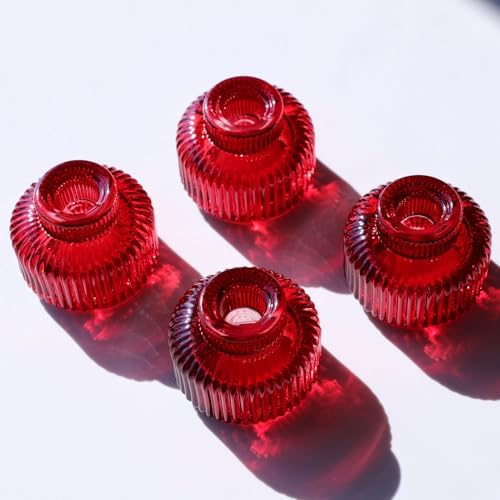 Woho Red Ribbed Taper Candle Holders Set of 4 for Christmas Decorations - Image 2