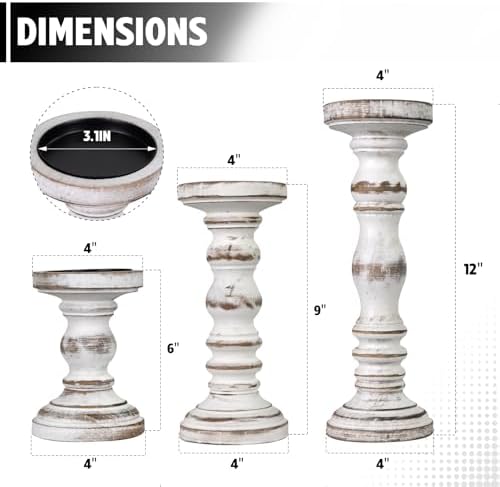 Candle Holder for Pillar Candle Set of 3, Farmhouse Wood Candle Holder, Rustic Wooden Candle Stand, Vintage Tall Candle Stand Decorative for Living Room, Table Centerpiece (Antique White) - Image 2