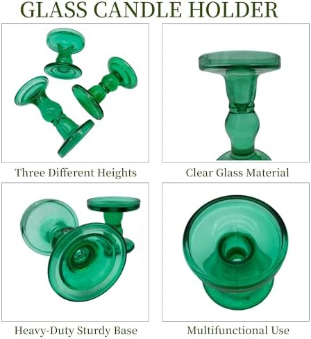 Green Glass Candle Holders Set of 3 Clear Candlestick Holders Vintage Candle Stands for Pillar Taper Candle Tealight Home Decor Table Centerpieces Christmas, Candleholder Sets with 4 Pcs Taper Candles - Image 4