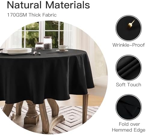 Veblandy Faux Linen Round Tablecloth 60 inch, Table Cloth Wrinkle Free Decorative Fabric Waterproof Table Cover for Dining/Party/Buffet/Wedding, Black - Image 3